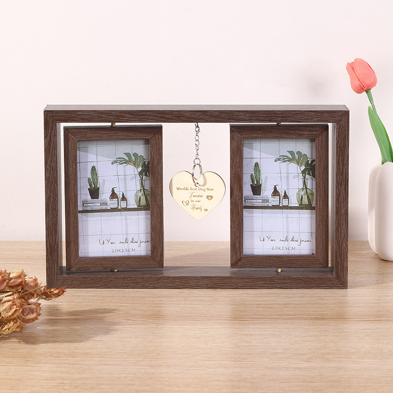 Brown double-sided rotatable photo frame table with love wood 6 inch two-piece creative pet commemorative wooden photo frame Brown double-sided rotatable photo frame table with love wood 6 inch two-piece creative pet commemorative wooden photo frame