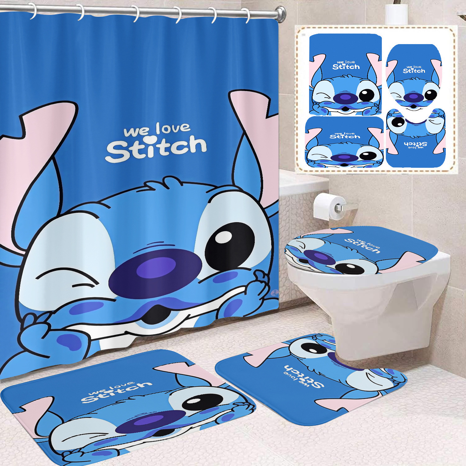 Venta directa de fábrica lindo baño de dibujos animados de cuatro piezas cortina de ducha impermeable cortina de ducha sin perforación cortina de partición de baño de baño