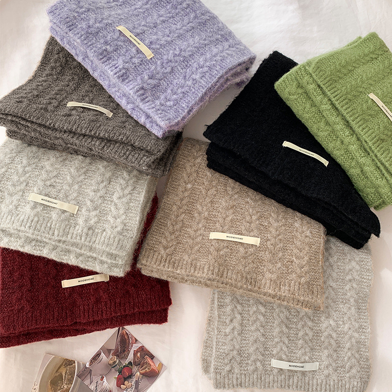 Avocado green wool knitted wool scarf women's autumn and winter Korean style solid color warm thickened student twist scarf