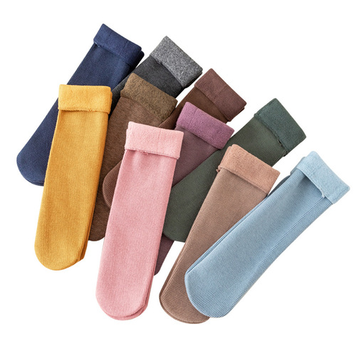 Autumn and winter men's and women's snow socks warm imitation cashmere plus velvet thickened snow socks women's solid color mid-calf floor socks