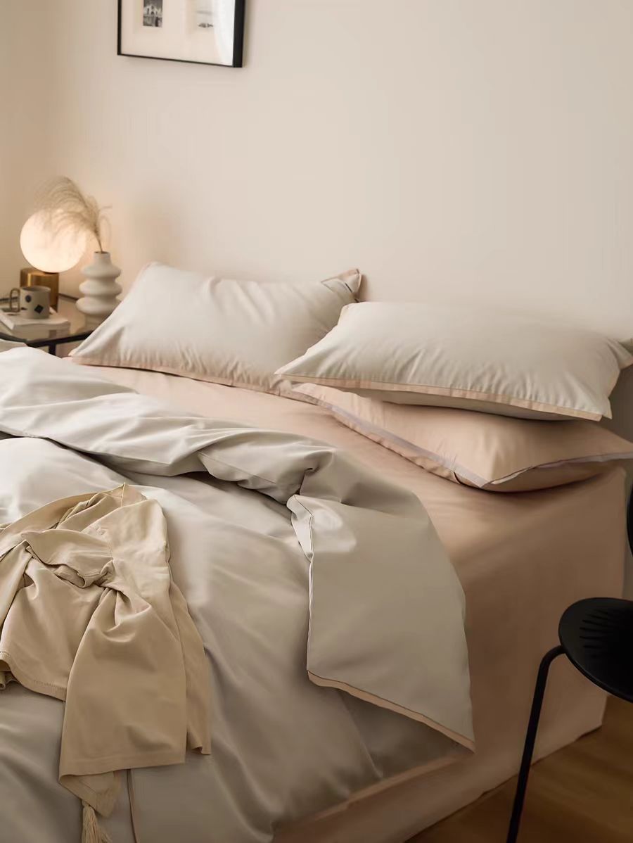 Estilo nórdico 100S algodón de cuatro piezas de satén de algodón de fibra larga algodón de cuatro piezas de algodón puro simple funda de edredón de cama de color sólido sábana