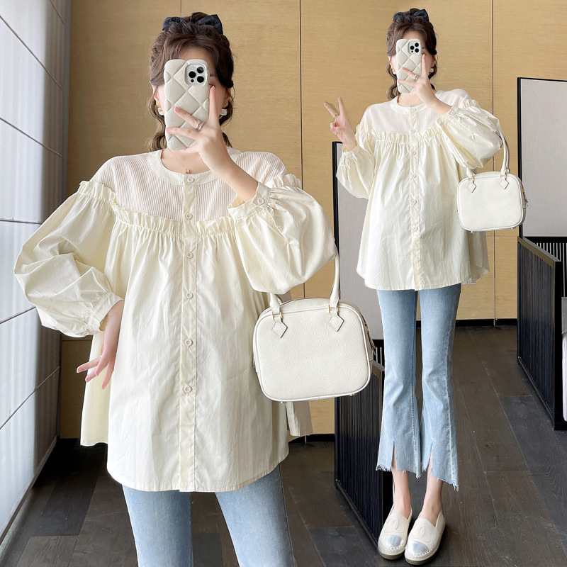 Real Shot of In-Stock 20256 Quality Spring Maternity Wear New Long-Sleeve Shirt with Patchwork Doll Shirt Fashion Trendy Mom Style
