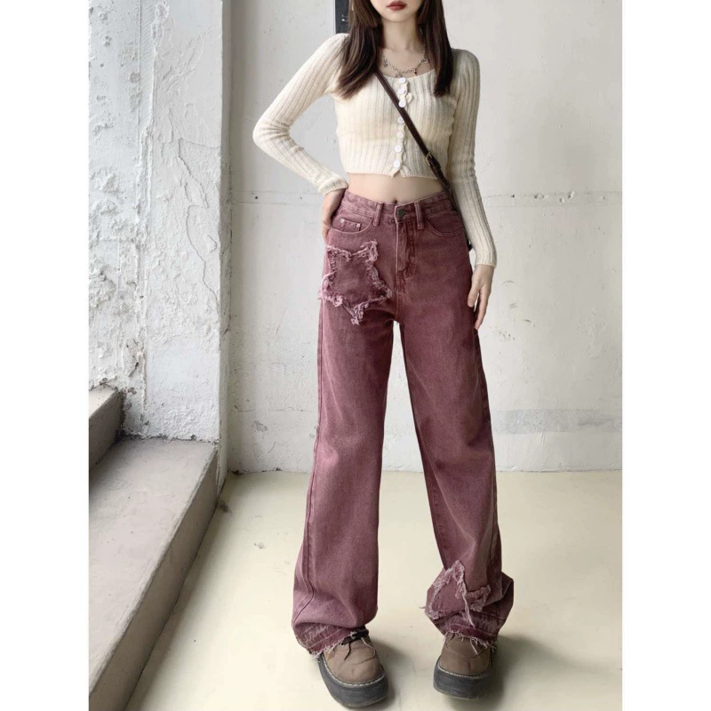 2024-май новая вышивка прямой дизайн джинсы тонкие ретро с высокой талией звезды наклейки