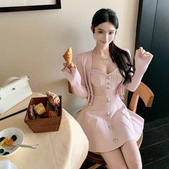 2025秋季新款【名伶小香】银扣开衫+银扣抹胸裙精致气质两件套