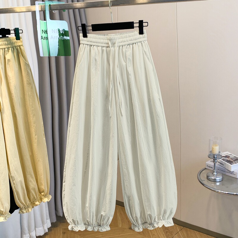 Ruffled Ice Silk Casual Pants for Women, Summer High Waist Versatile Straight Loose Plus Size Breathable Cropped Flared Pants