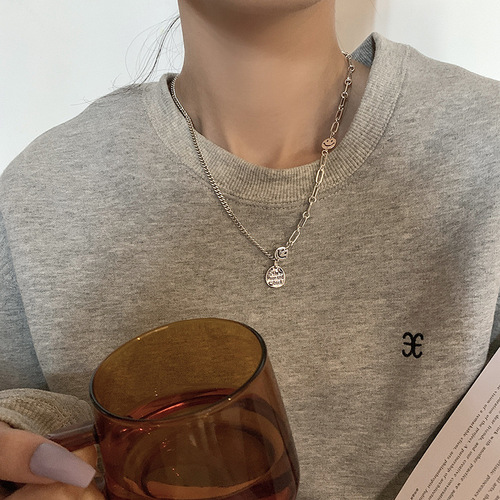 English letter tag retro Thai silver s925 sterling silver smiley face necklace female trendy internet celebrity ins cold style clavicle chain