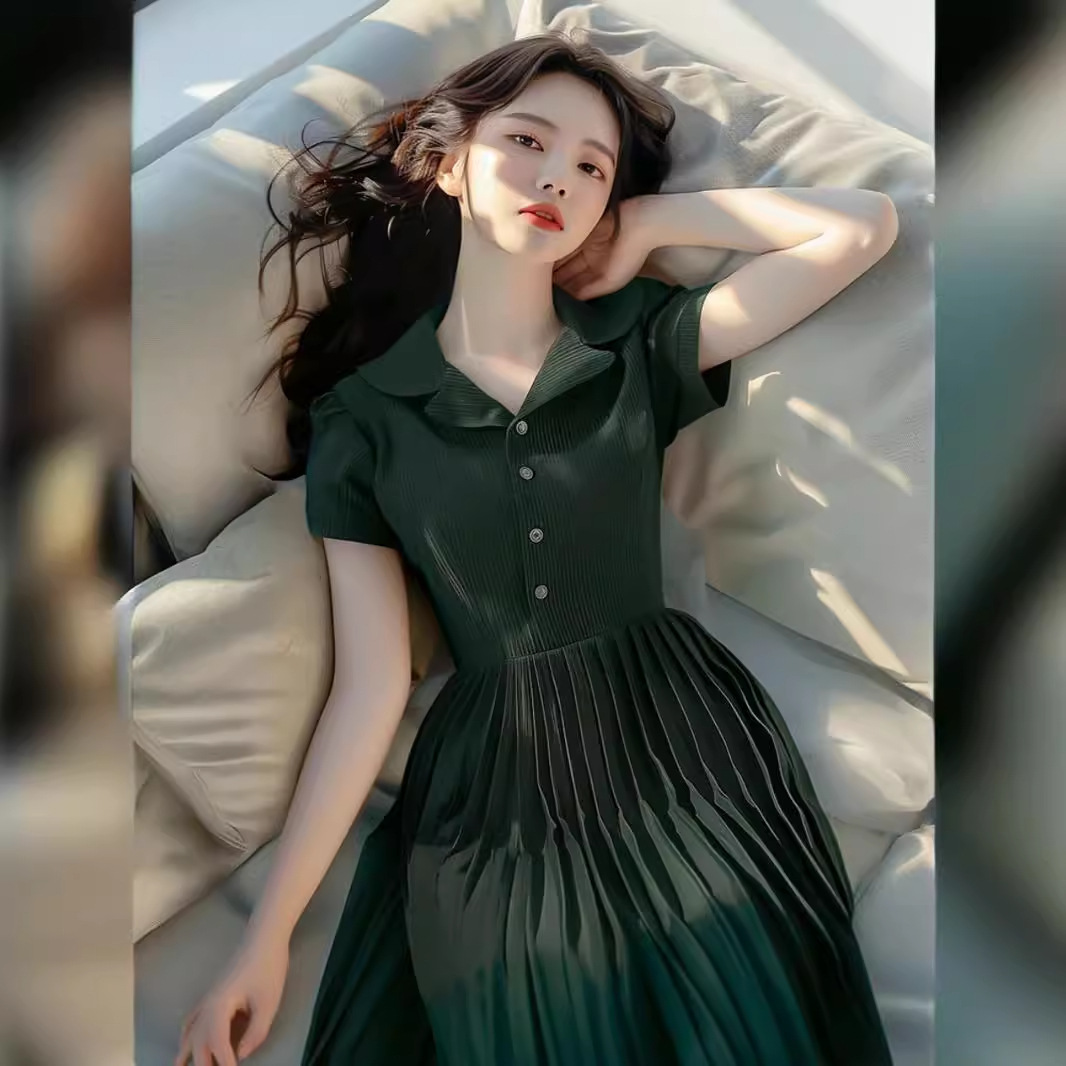 Đầm liền kiểu áo sơ mi xanh lá cây vai chính tinh tế dáng dài khí chất Pháp — Màu xanh lá