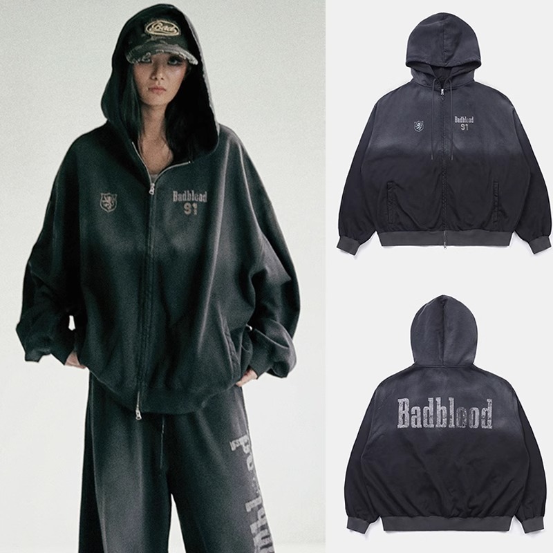 韓国バッドブラッド bcac シリーズレトロウォッシュ加工スウェットシャツフード付きスポーツニッチデザインジャケット|undefined