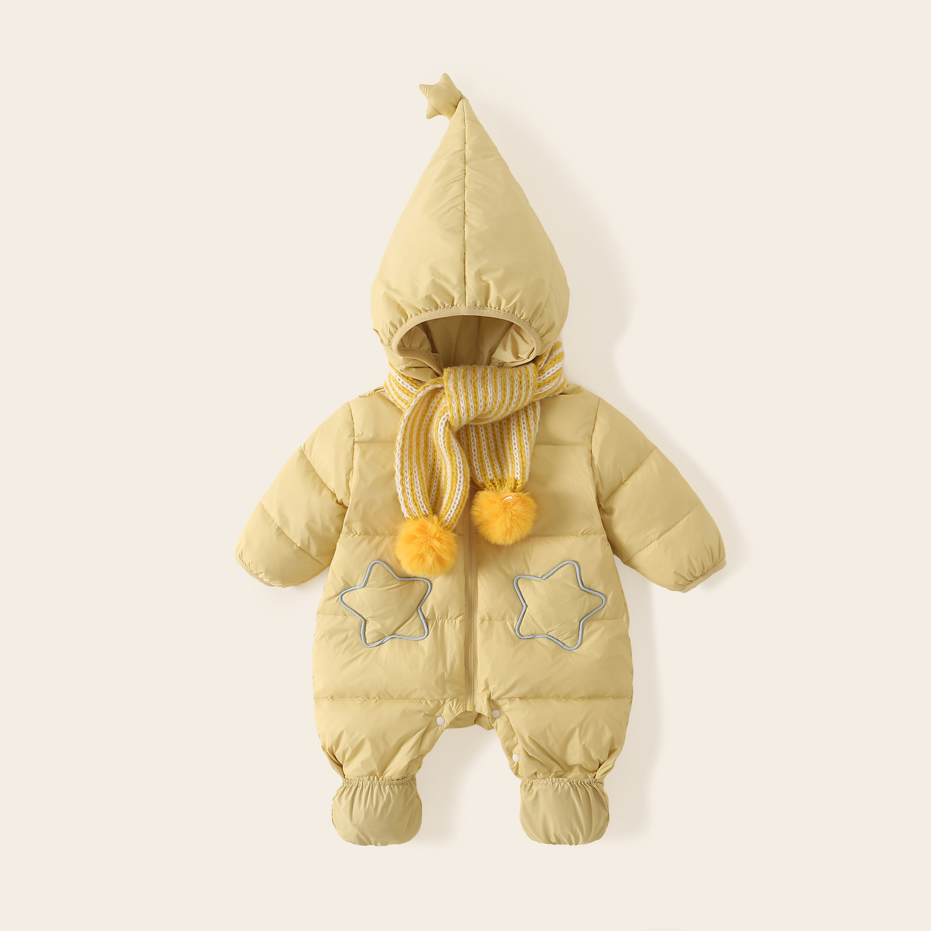 Lightweight down jacket for infants, winter clothing, children's elf hat, one-piece outfit, fashionable newborn romper, crawling suit, and baby onesie