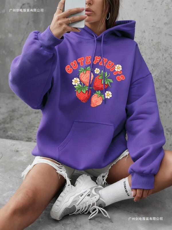 European Size Fresh Strawberry Print Women's Pocket Casual Sweatshirt Street Style Round Neck Clothing Y2K