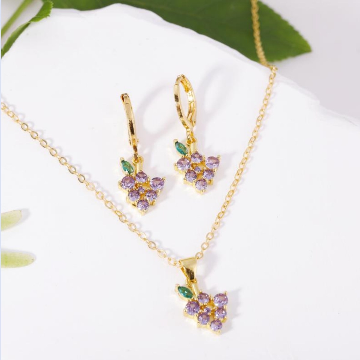Fruit Earring Necklace Set Colorful CZ Zircon Earrings Grape Cherry Piercing Jewelry Gold detail image 29