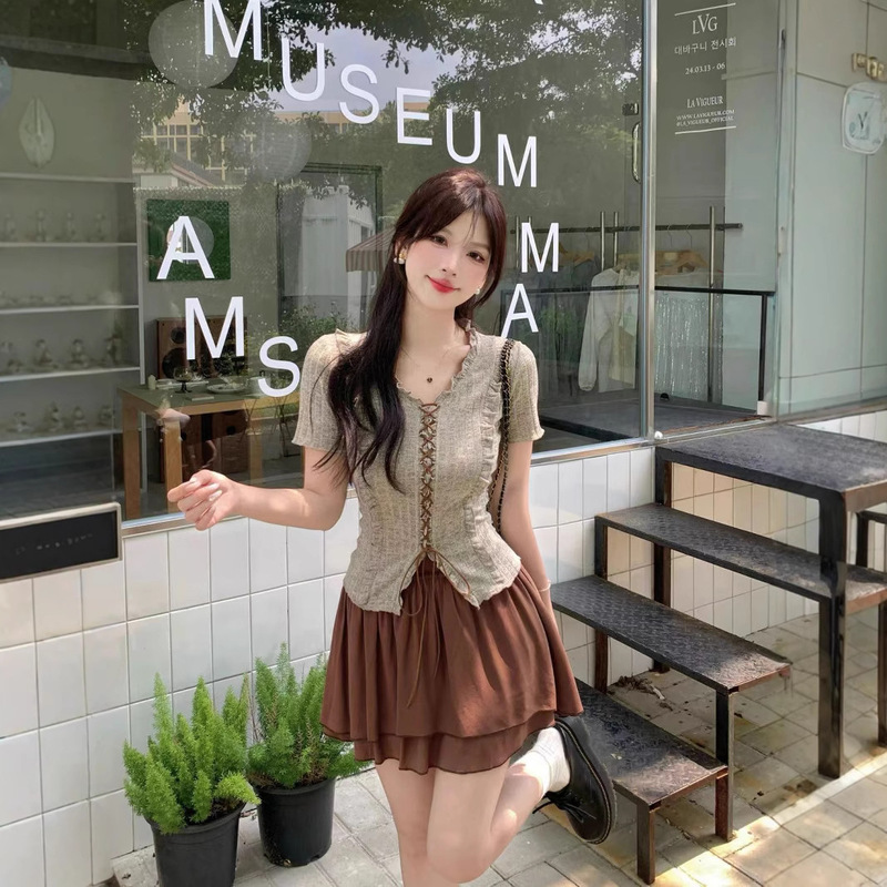 Sweet and Spicy Style Ruffled Design Lace-Up Short-Sleeve Top and High-Waisted Bodycon Skirt Set for Women, New Summer Fashion