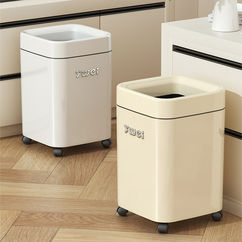 Roller Trash Can for Home Use, Double-Compartment, Large Capacity, with Lid, for Living Room and Bedroom, with Wheels, Creative Pattern Wastebasket