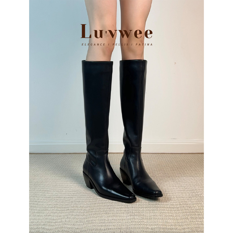 Cowhide Version! Retro Square-Toe Boots for Women, French Style, 2025 Autumn and Winter New Style, Retro Knee-High Boots, Thick-Heeled Knight Boots