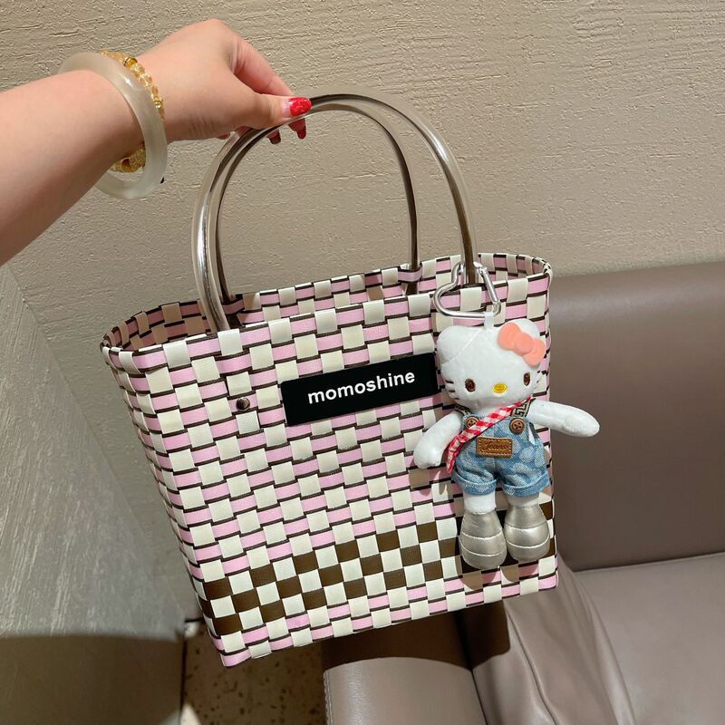 New Trendy Thai Handmade Woven Plastic Vegetable Basket Bag for Women, Fashionable Versatile Handbag