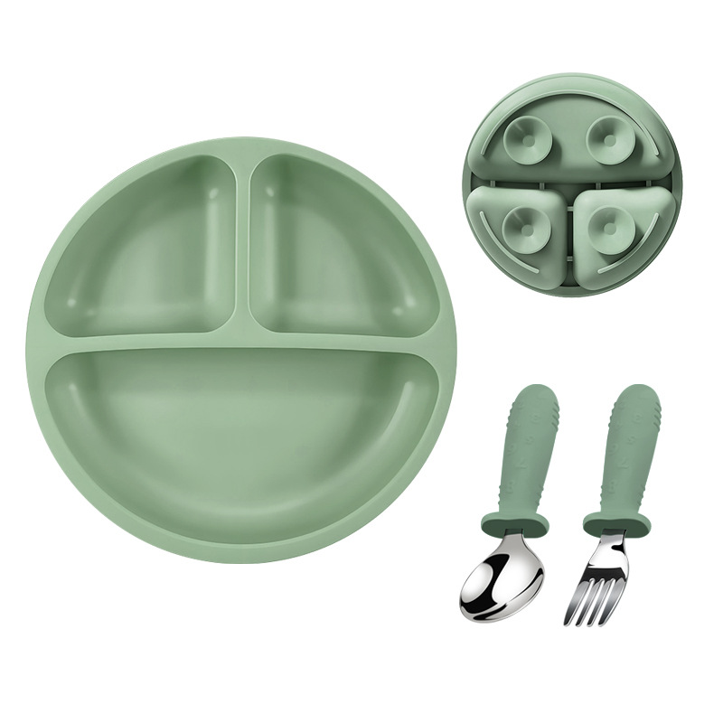 Placa de comedor de silicona para bebés 304 tenedor y cuchara de acero inoxidable, plato de ventosa, alimento complementario de tres compartidos para bebés de grado alimenticio resistente a altas temperaturas