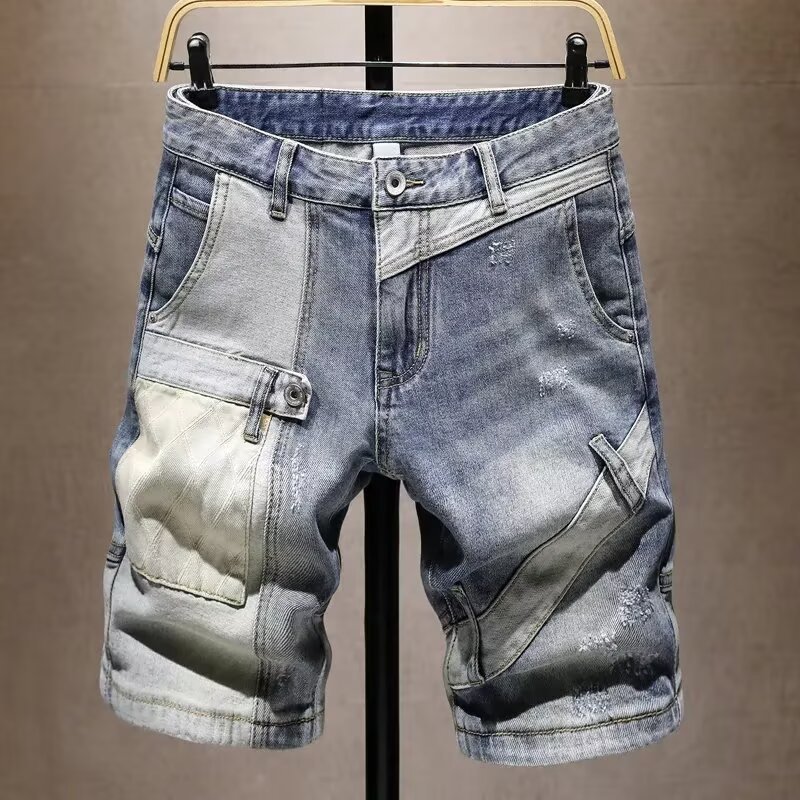 Trendy and Stylish Men's Denim Shorts Summer New Fashion Patchwork Cargo Mid-Length High-Quality Trendy Knee-Length Shorts