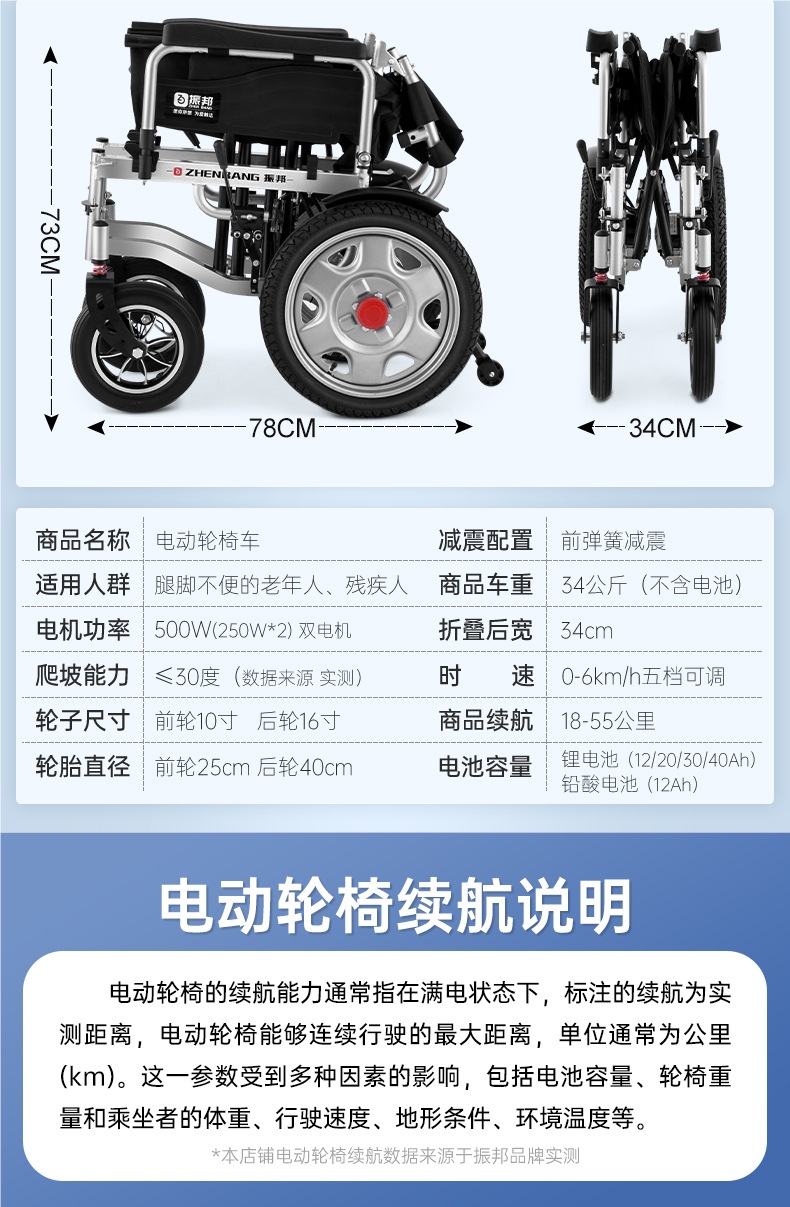 Zhenbang Electric Wheelchair Intelligent Fully Automatic Elderly Special Folding Lightweight Four-Wheel Scooter for the Elderly and Disabled