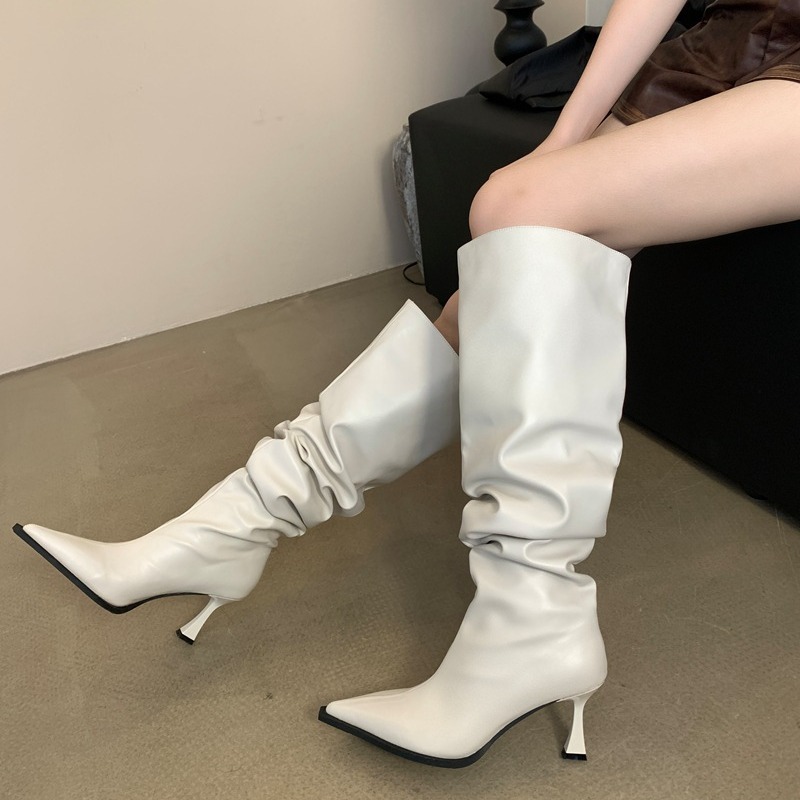 326-1ブーツの女性の長い筒の高い筒の厚い底の2024のハイヒールの百合の後でファスナーの細いかかとのファッションの積み重ねのブーツ