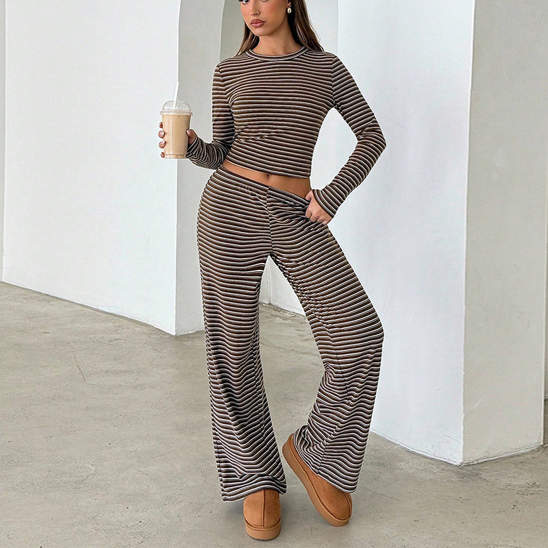 瑞逅2025秋冬季亚马逊欧美跨境外贸条纹长袖T恤直筒长裤套装内搭
