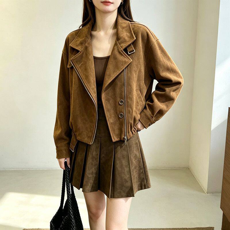 Áo khoác ngắn nữ da lộn dáng rộng khóa kéo, dài tay, cổ bẻ — Màu kaki, Màu nâu cà phê chi tiết 14