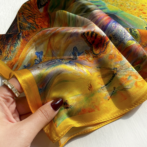 Yellow silk scarf for women, versatile spring and autumn small square scarf, western style decorative mulberry silk antique style small scarf
