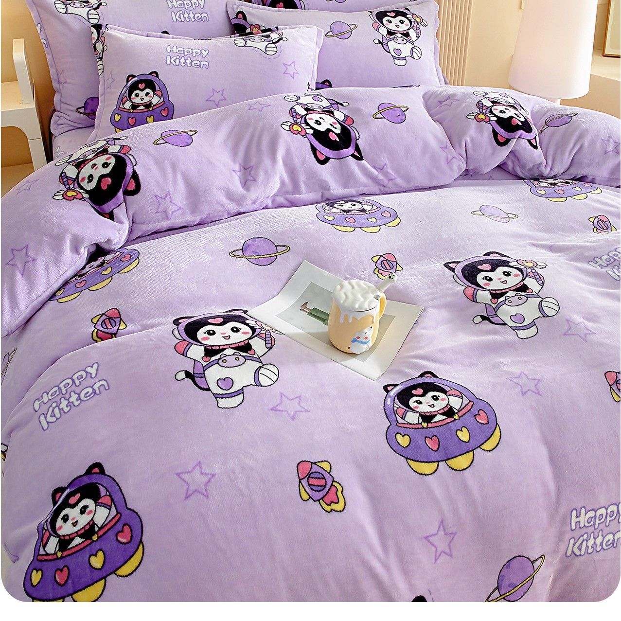 Invierno leche cubierta de edredón de una sola pieza niña caricatura coral franela cálida edredón cubierta 150x200