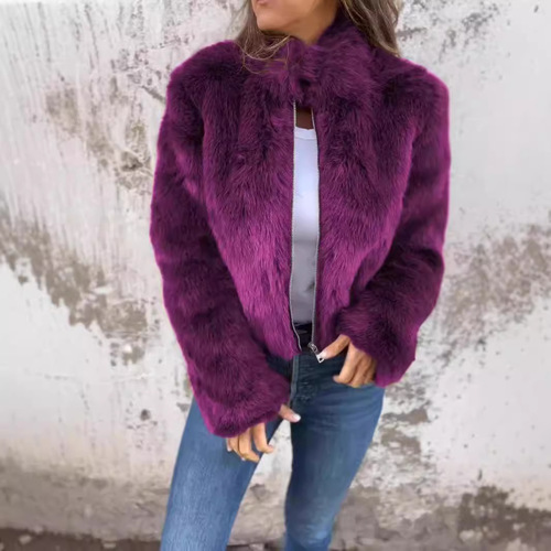 Women's Autumn/Winter US Fashion Fake Fur Collar Zipper Casual Top Jacket