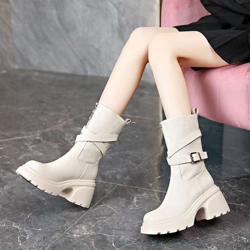 Short Height-Enhancing Slimming Long Boots 2025 New Style Belt Buckle Thick-Soled Martin Boots Autumn and Winter Fashion Round-Toe Mid-Calf Boots