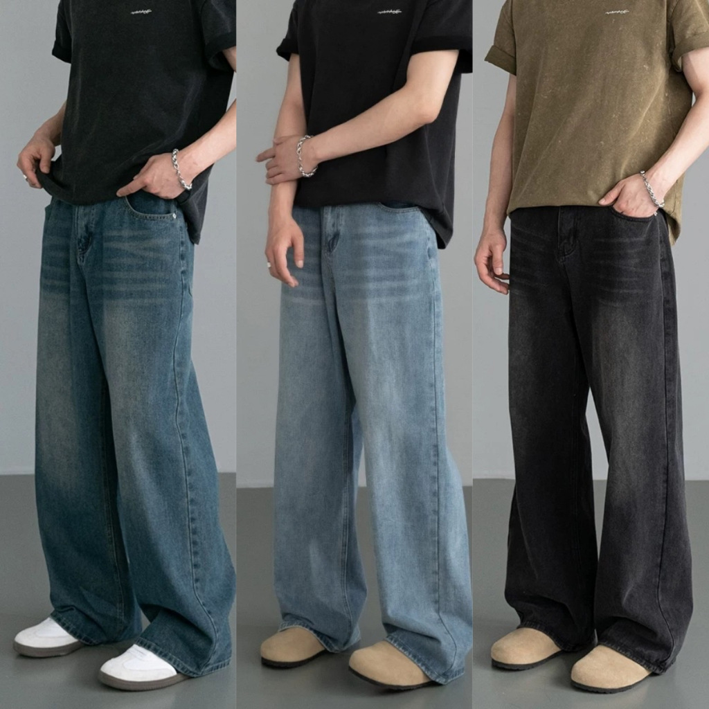 Men's Loose Straight Leg Jeans Midweight Washed Retro Vibe Cleanfit Wide Leg Trousers Autumn/Winter Collection Polyester_voghion.com