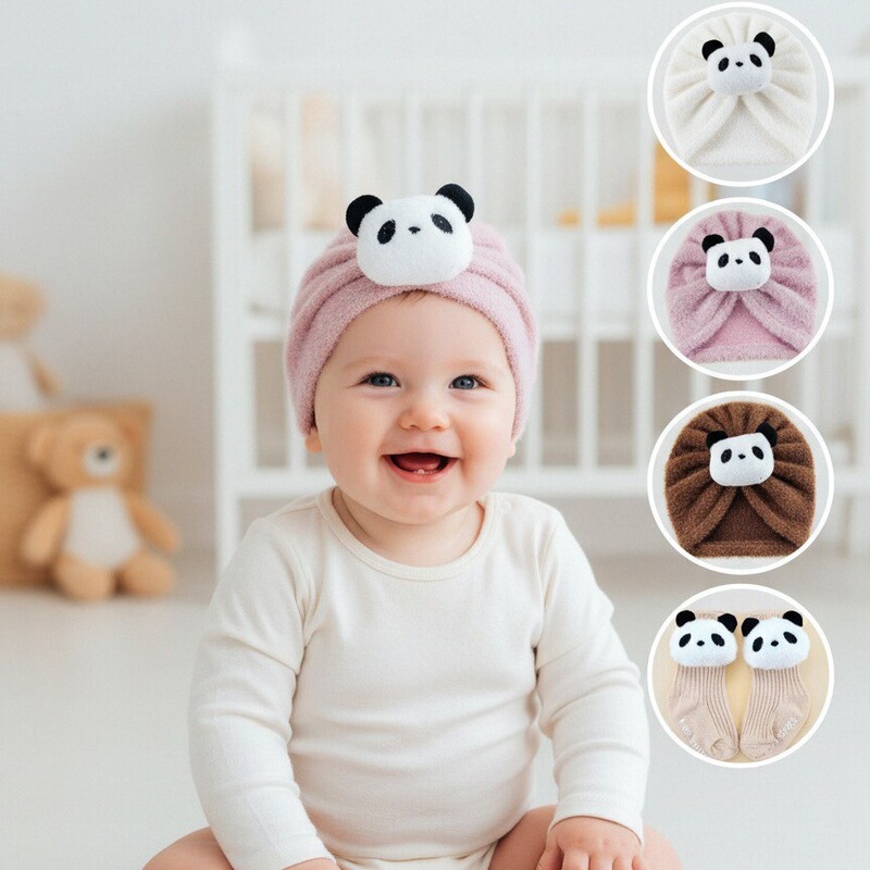 Baby Cartoon Hat and Socks Set Baby Panda Turban Hat Newborn Cute Fetal Cap Cross-Border Baby Hat