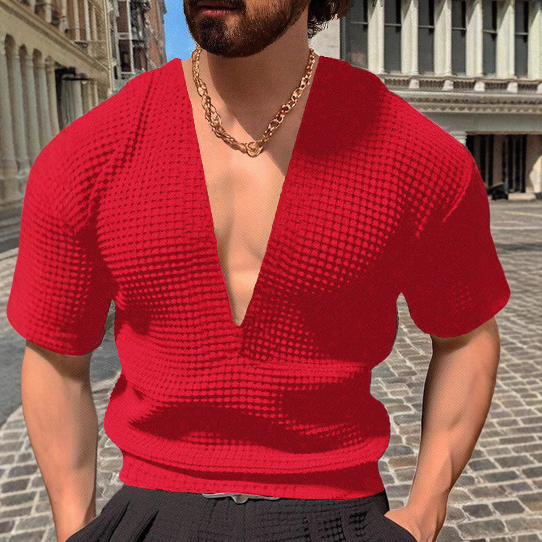 European and American Cross-Border Foreign Trade Men's Summer Sports Fitness Casual V-Neck Elastic Solid Color Large Size Short-Sleeved T-Shirt