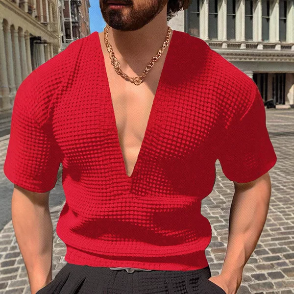 European and American Cross-Border Foreign Trade Men's Summer Sports Fitness Casual V-Neck Elastic Solid Color Large Size Short-Sleeved T-Shirt