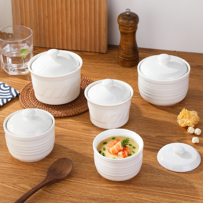 Pure White Small Steamed Egg Household Ceramic Water-Proof Stew Cup with Lid, Hotel Bird's Nest, Fish Maw and Ginseng Soup Cup for One Person