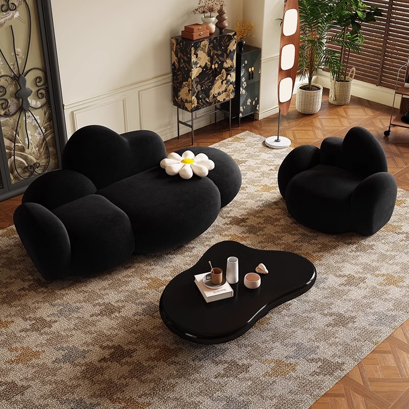 Retro-Style Black Cloud Velvet Sofa Set for Living Room and Bedroom, Trendy Designer Model, Irregular-Shaped Leisure Sofa