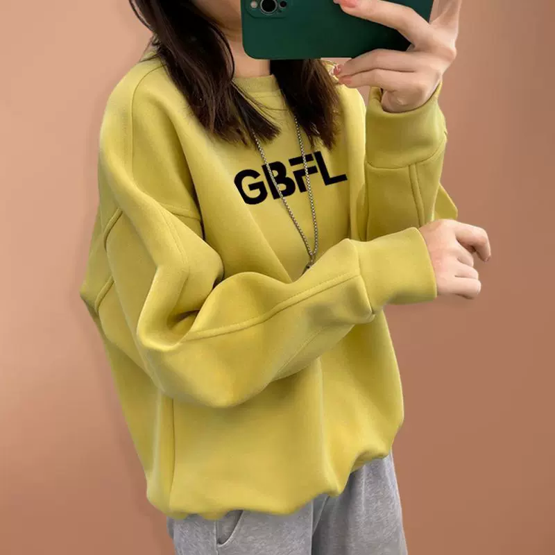 秋冬新款纯棉高档卫衣女oversize宽松慵懒风加绒加厚圆领上衣女