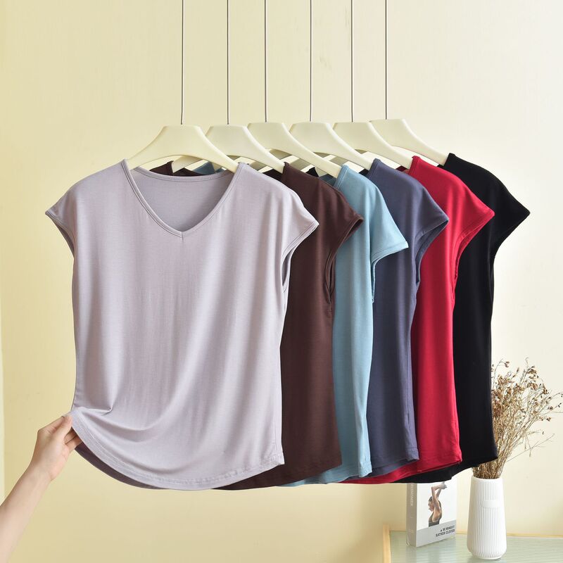 New Summer Cotton V-Neck Drop-Shoulder Sleeve T-Shirt for Women, Thin Solid Color Base Shirt, Loose Fit, Slimming, Casual Inner Wear