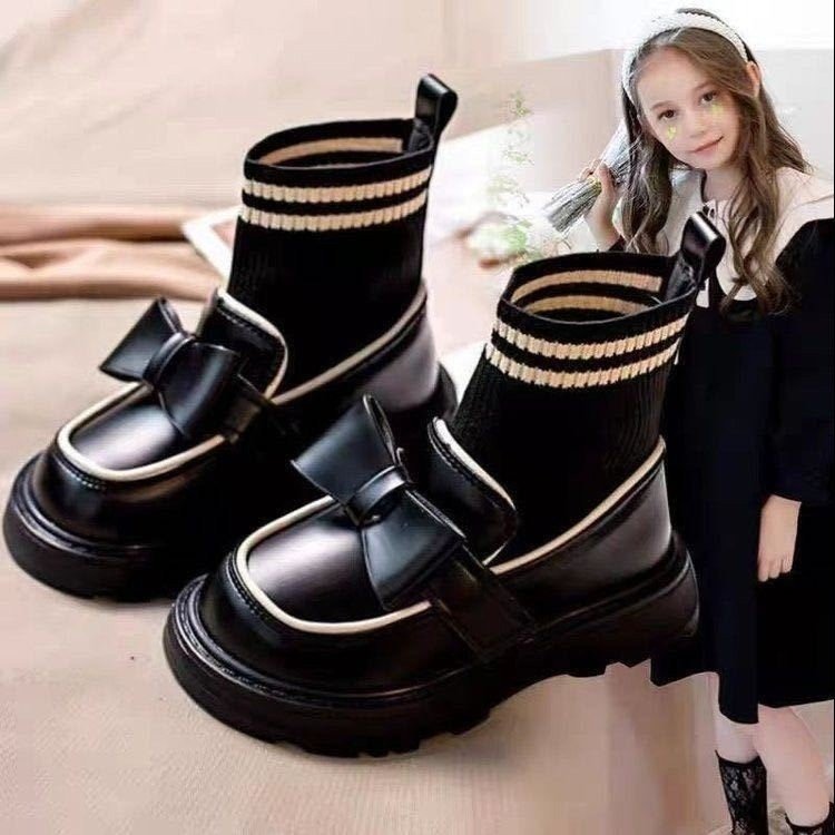 Girls' Sock Boots 2025 New Autumn and Winter Children's Martin Boots with Bow Stylish Princess Leather Boots with Fleece Girls' Short Boots