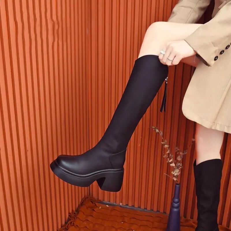 Thick-Heeled Thick-Soled Boots for Women 2025 Autumn and Winter New High-Heeled Boots V-Neck Elegant Knee-High Knight Boots with Back Zipper Thick-Heeled Thick-Soled Boots for Women 2025 Autumn and Winter New High-Heeled Boots V-Neck Elegant Knee-High Knight Boots with Back Zipper