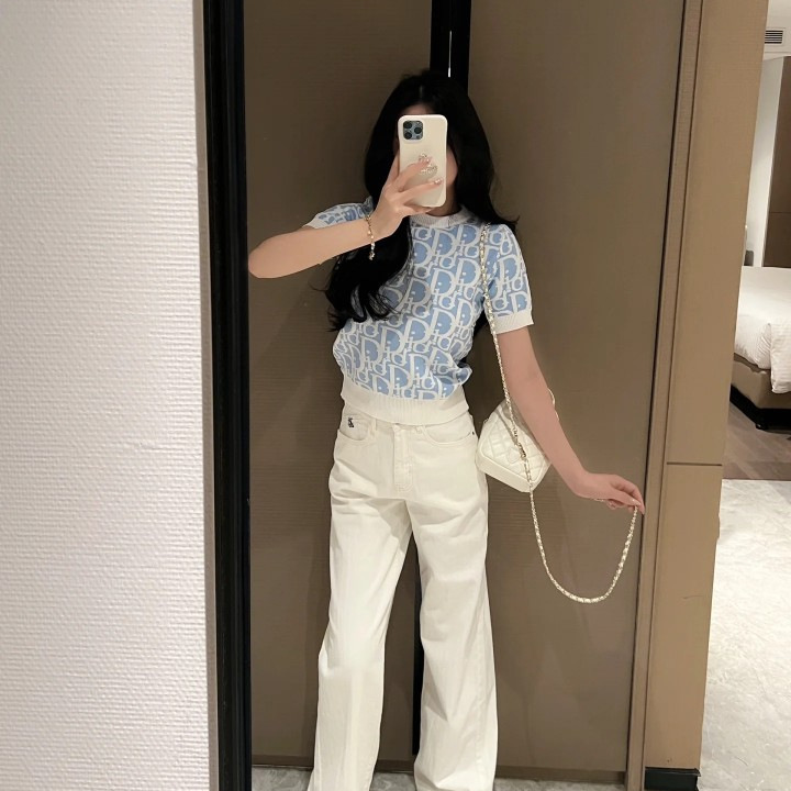 Fashionable essence) D home light breathable comfortable jacquard crew neck tricolor sweater pullover top