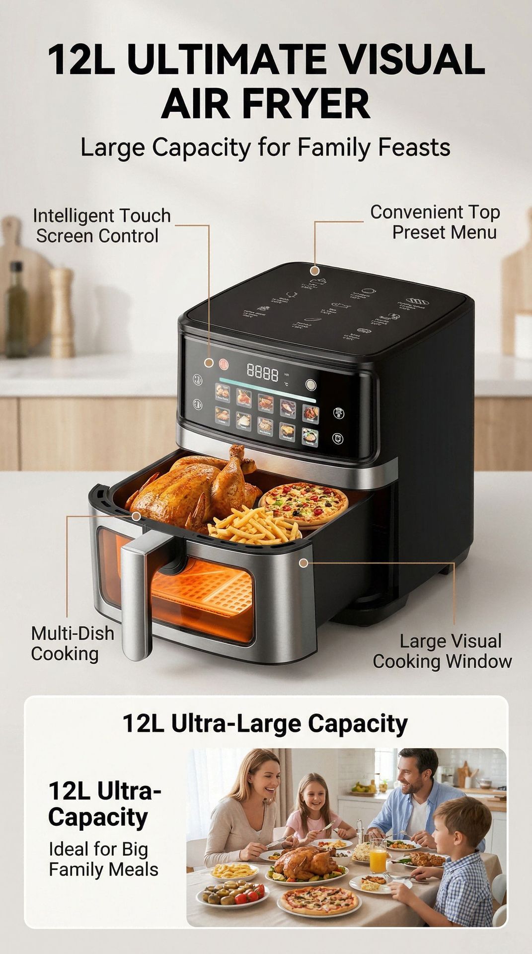 Cross-border Exclusive airfryer 12L Visible Air Fryer Large Capacity Stainless Steel Multifunctional US Specification 110V