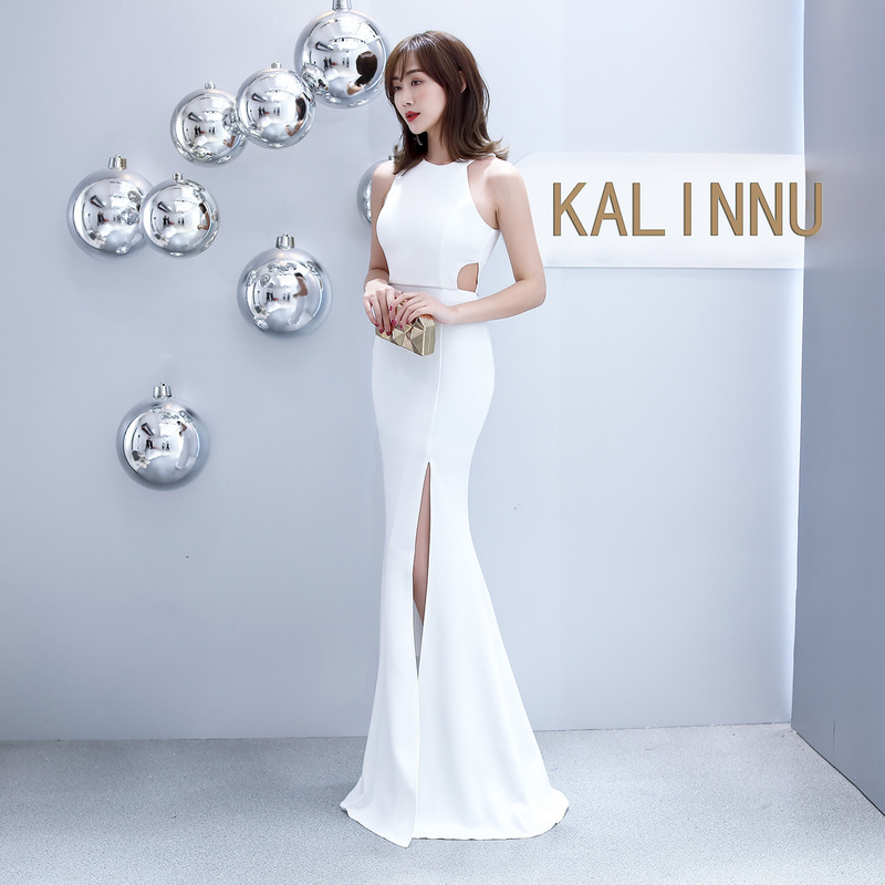 815 # Halter Neck Fishtail Slim Fit Wedding Banquet Evening Dress for Women, Slit Hem, Sexy and Elegant Gown
