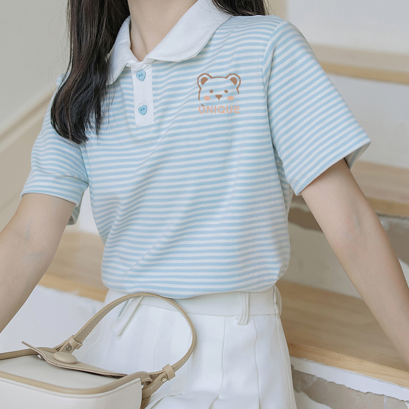 2025 New Junior High School Student Design Sense Blue Striped Polo Collar Short-sleeved T-shirt Women's Summer T-shirt Lapp Top