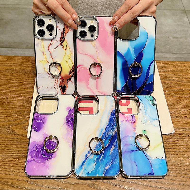 Phone Case For Iphone 15 Pro Max Marble Electroplated Ring Holder_voghion.com