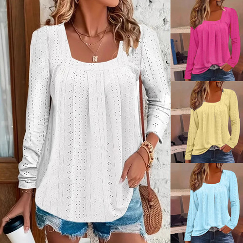 2025 Cross-border Amazon AliExpress TEMU European and American Style Collar Folded Long Sleeve T-shirt with Hollow Design