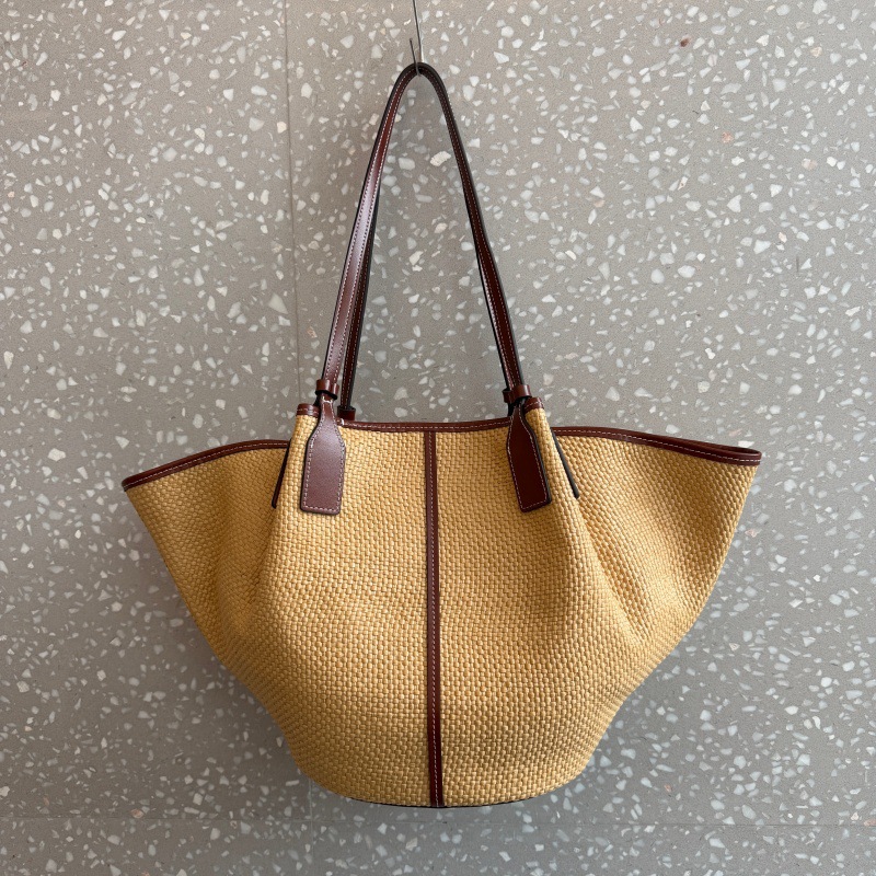 Women's 2026 New Trendy Cowhide Spliced Large Capacity Straw Woven Tote Bag - Vacation Style Fashion Shoulder Bag - Thumbnail 3
