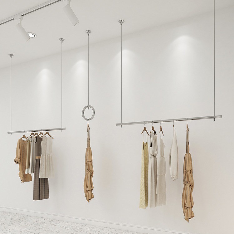 의류 매장 디스플레이 랙 천장 교수형 여성 의류 매장 옷걸이 웨딩 와이어 로프 조정 디스플레이 랙 스테인레스 스틸 행거