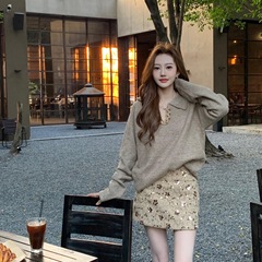 套装女2025秋冬新款韩系设计感气质长袖针织毛衣高腰休闲包臀短裙
