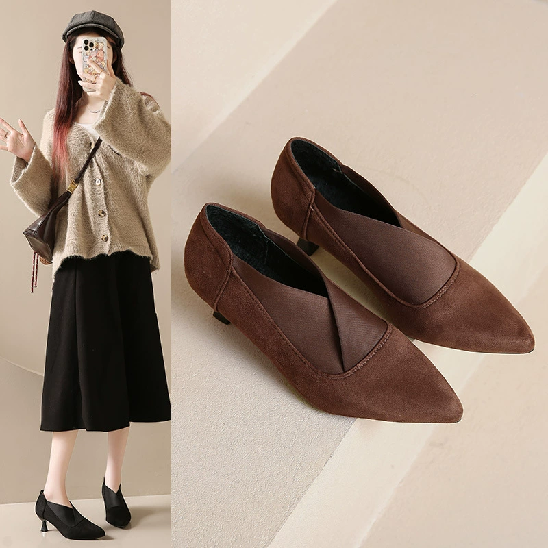 Французский винно-красный V-рот высокие каблуки женские осень-зима 2024 новая матовая кожа, простая остроконечная