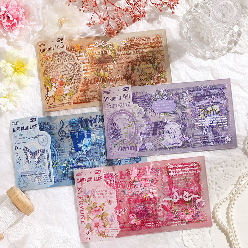 Filamento de seda aromático PET troquel cortado pegatinas planas retro flores creativas cuentas de mano diy fondo material base pegatinas decorativas